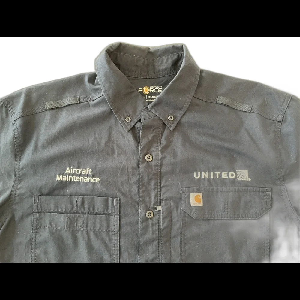 Carhartt United Aircraft Maintenance Work Navy Blue Shirt Relaxed Fit Size Large - Picture 2 of 9